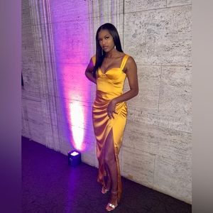 Yellow High Slit Corset Satin Dress